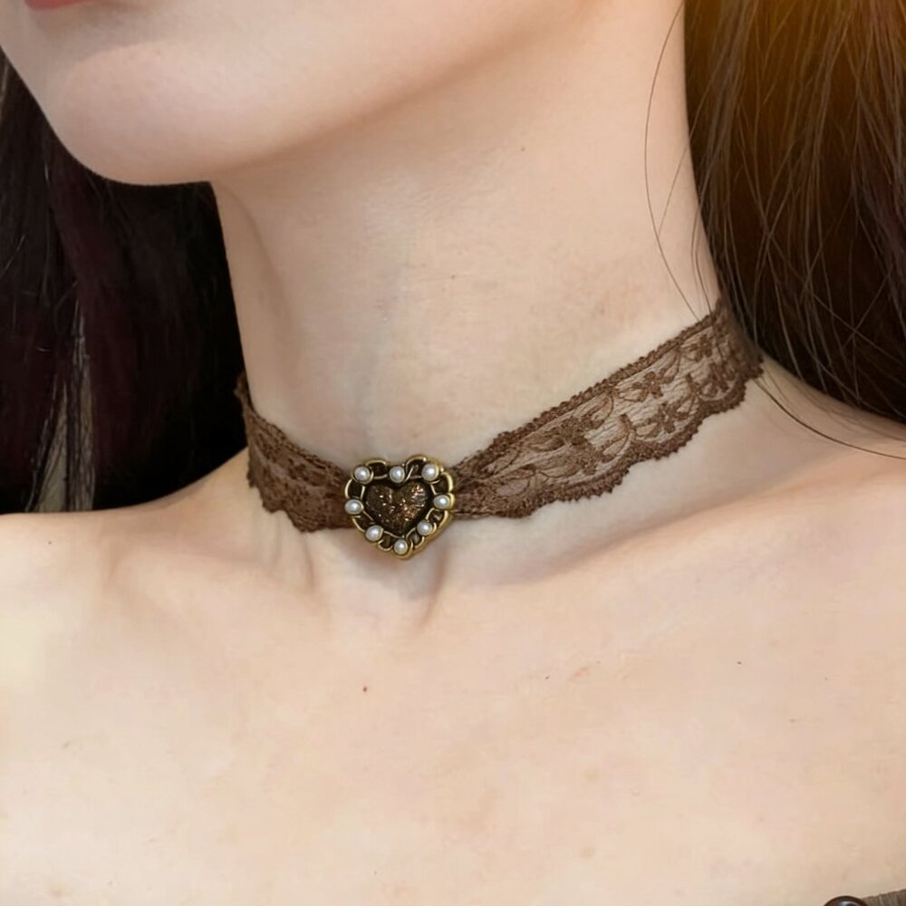 Brown Lace Heart Choker Necklace